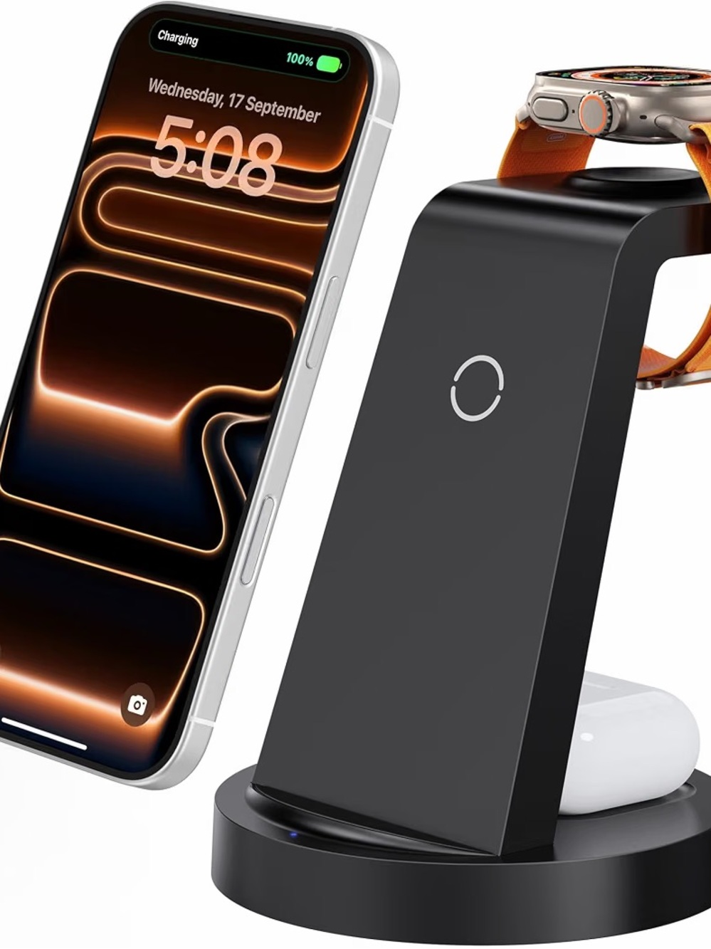 3-in-1 Black Wireless Charging Dock for Phone, Watch & Earbuds